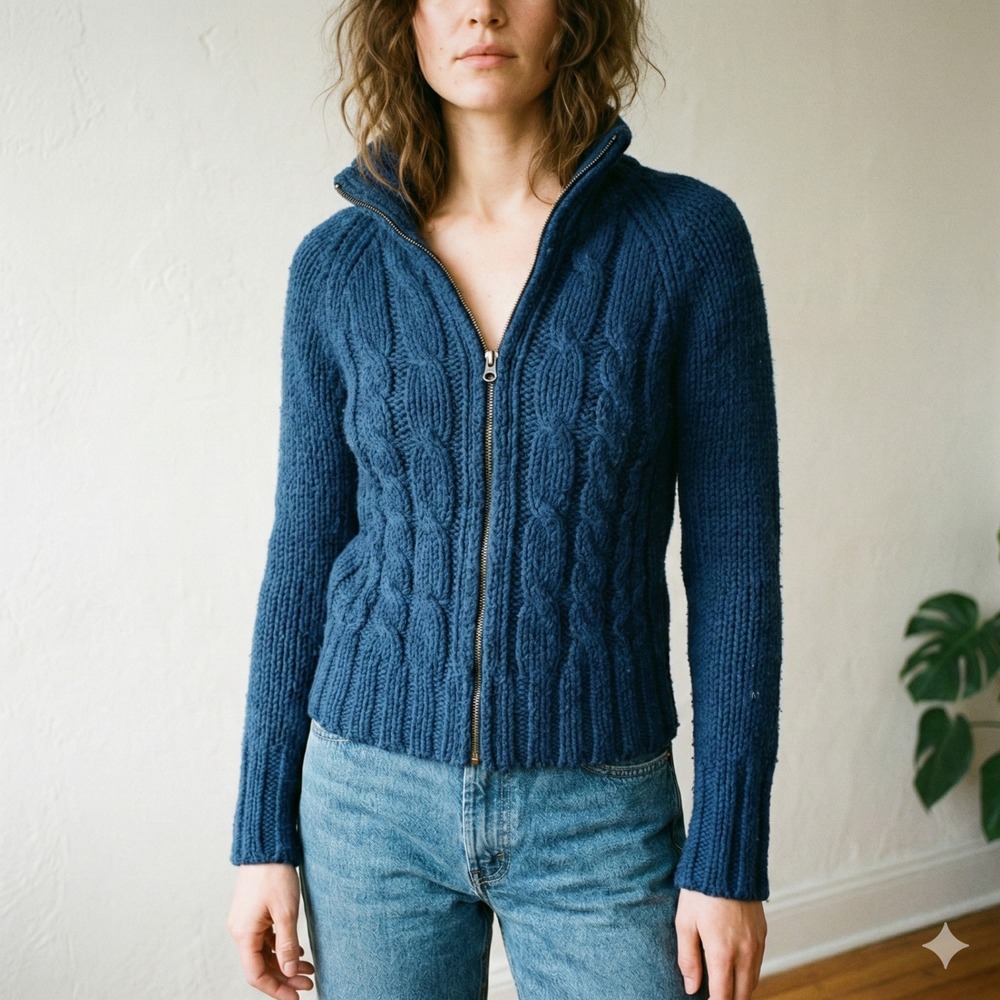 Vintage Y2K Abercrombie & Fitch Cable Knit Sweater Womens Medium‎ Navy Blue Wool